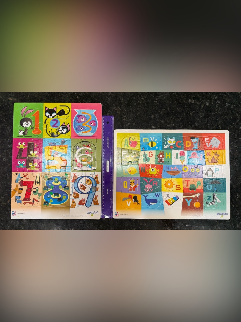 Alphabet & Number Wooden Puzzle Duo in Pink, Purple, Blue